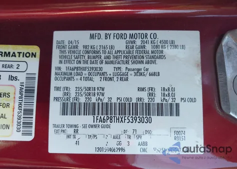 2015 Ford Mustang from USA, damaged, VIN 1FA6P8THXF5393030